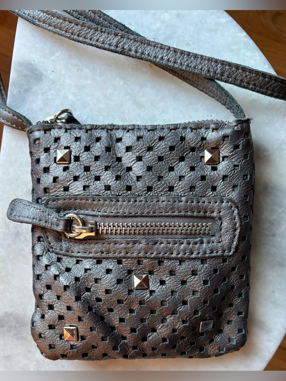 Linea Pelle Teal Perforated Leather Crossbody Bag - Picture 2 of 10